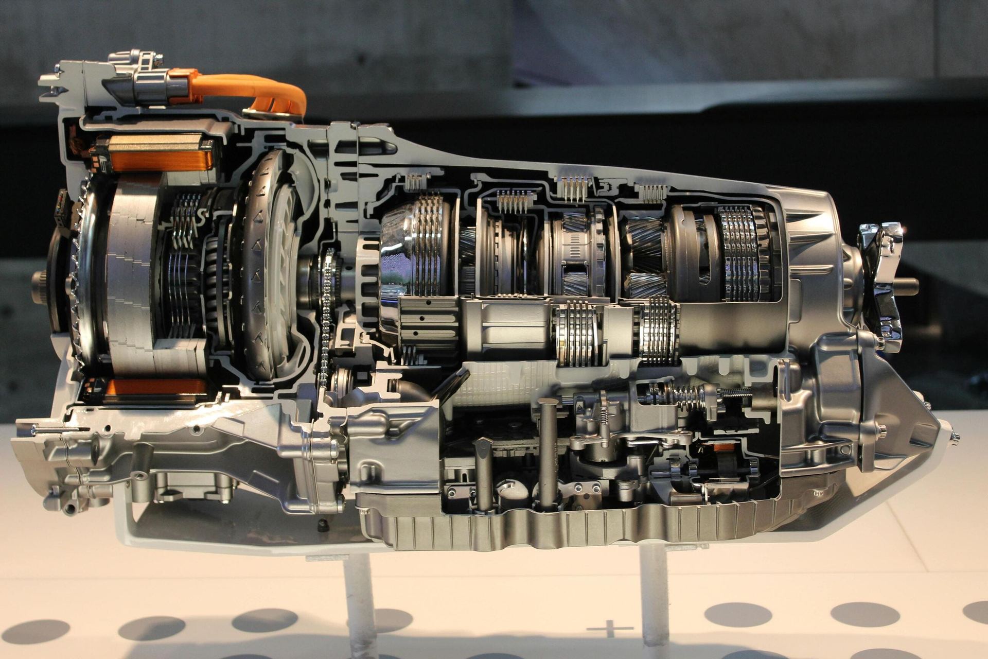 Cutaway of an automotive transmission showing gear trains
